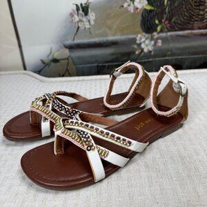Madden Girl Womens Size 7.5 Brown & White Leather Beaded Sandals
